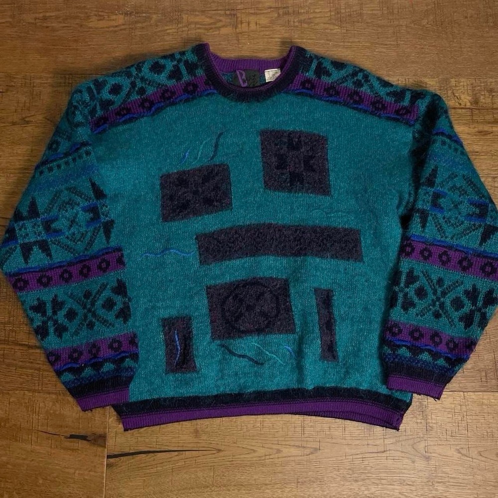 Bax Mohair Sweater Women Large Purple Green Geometric Vintage 90s Fuzzy Knit